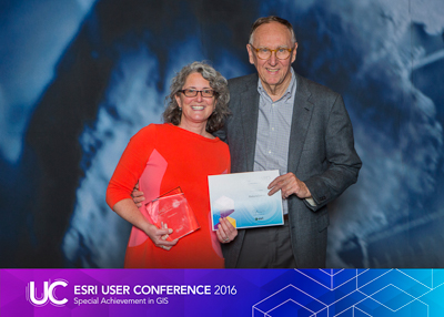 Lori Scott, Interim CEO and Chief  Information Officer at NatureServe accepts SAG Award at the Esri User Conference 2016