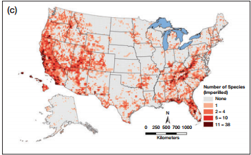 Geographic distribution of species that NatureServe ranks as imperiled but currently not listed by the Endangered Species Act or part of a recent settlement agreement  regarding species petitioned for listing.