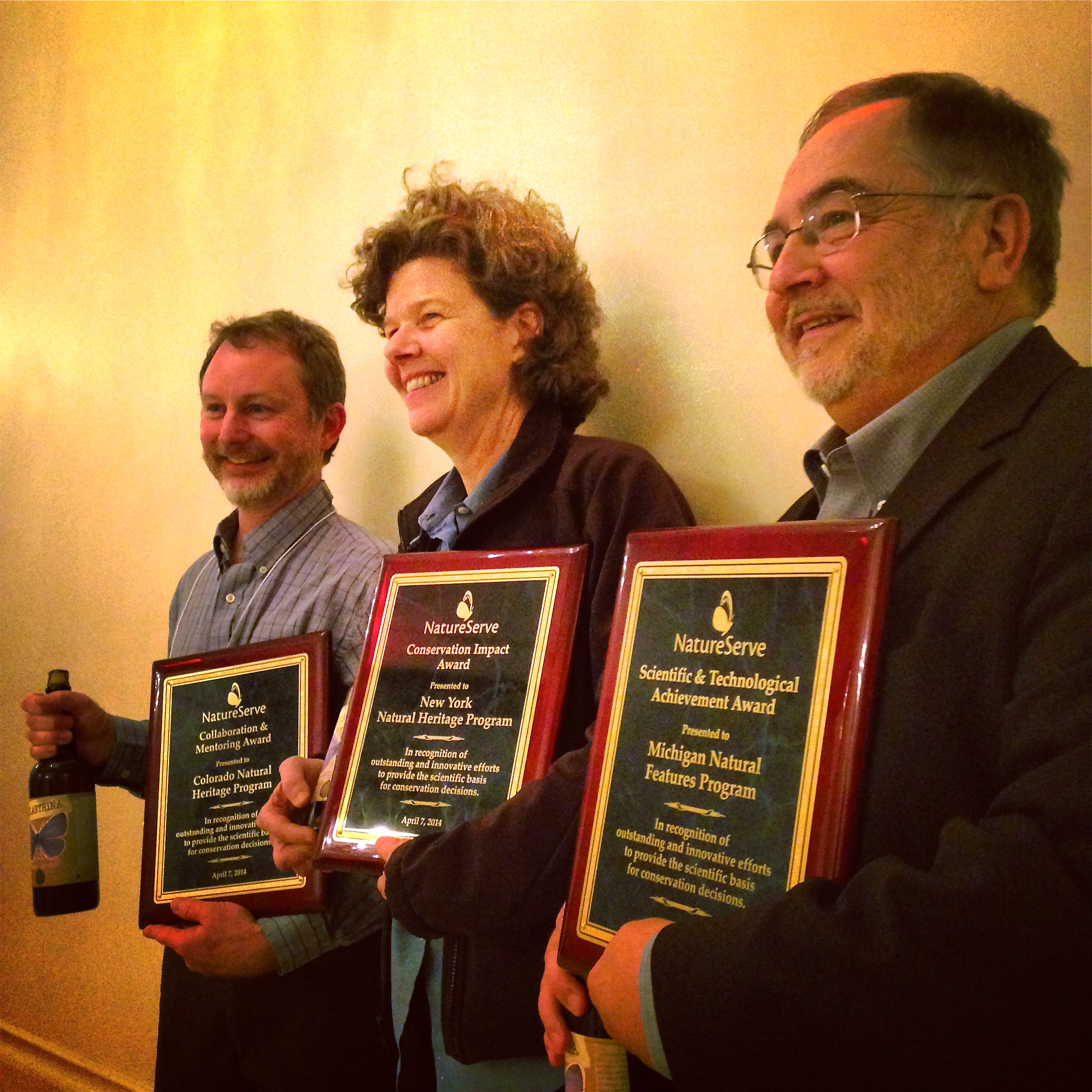 (From left) Dave Anderson of the Colorado Natural Heritage Program, DJ Evans of the New York Natural Heritage Program, and Brian Klatt of the Michigan Natural Features Inventory received their respective agencies' NatureServe Network Member Awards on April 7 at the Biodiversity Without Boundaries conference in New Orleans.