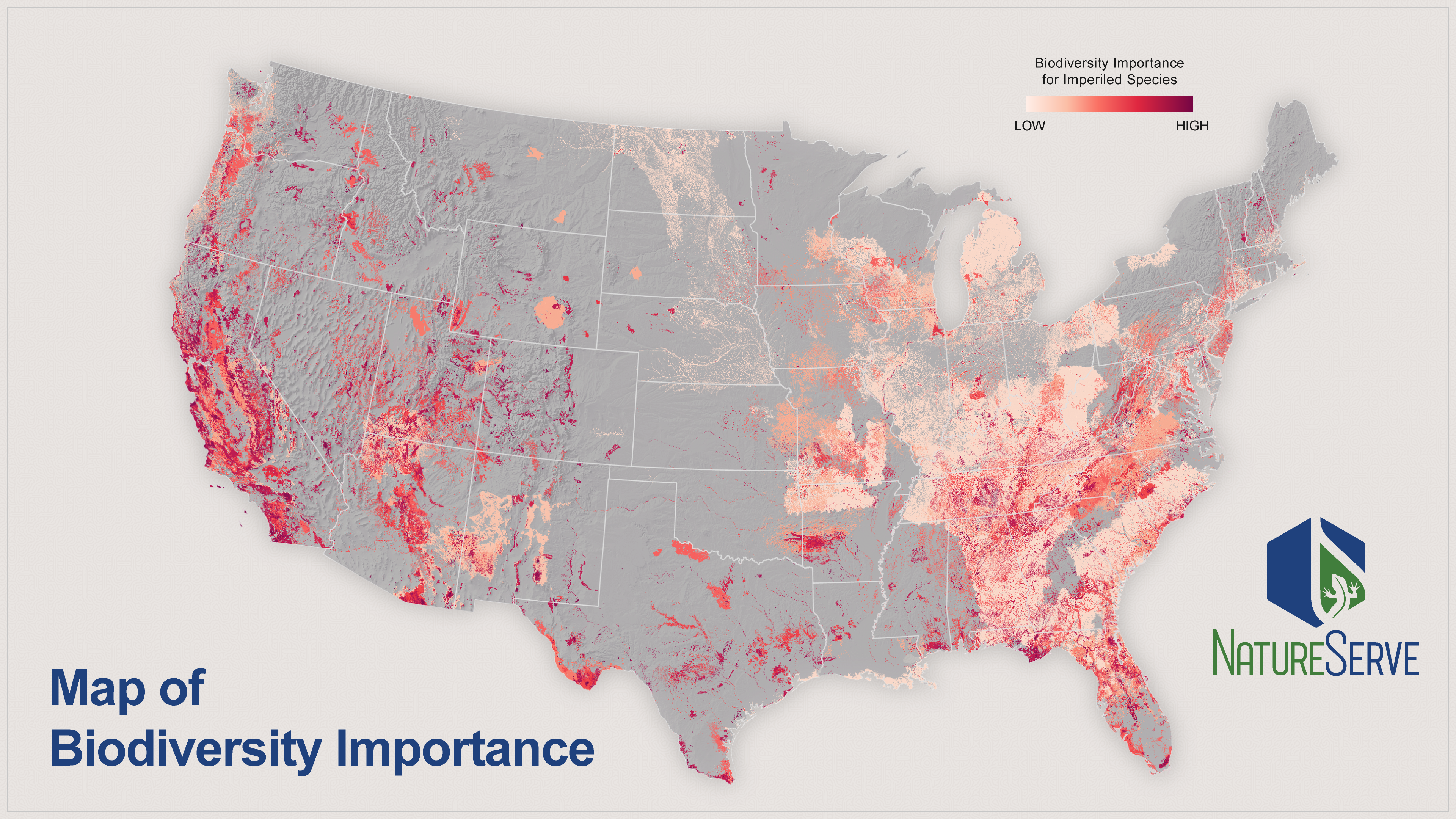 The map of biodiversity importance identifies areas of conservation value in the United States.
